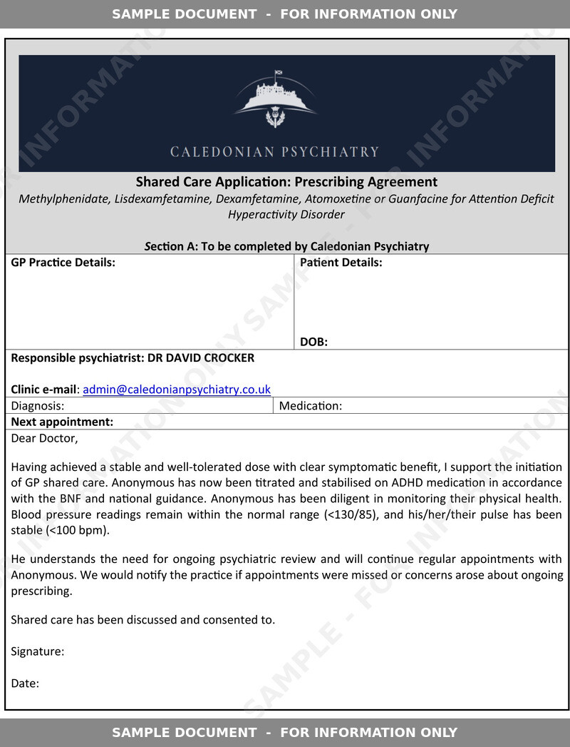 Sample shared care application, page 1: cover letter to GP