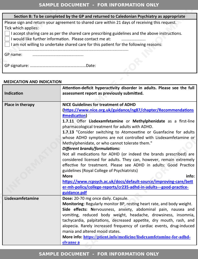 Sample shared care application, page 2: GP response section and medication details